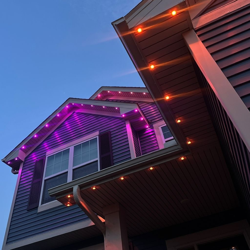 Home with purple and warm white permanent LED accent lighting