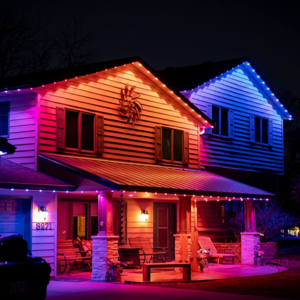 Home with vibrant red, orange, and blue permanent LED lighting